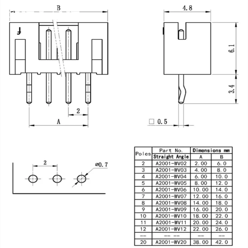 Прямой штырьковый разъем PH2.0mm 50 шт. 2/3/4/5/6/7/8/9/10/12P стандартный PH2.0 шаг 180 угловой PCB