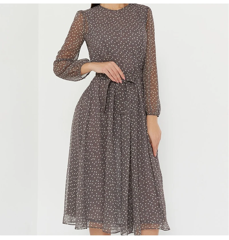 S.FLAVOR Elegant Dot Print Long Sleeve Polka Dress O Neck Chiffon A Line Women Casual Sundress Vintage Midi Vestidos De