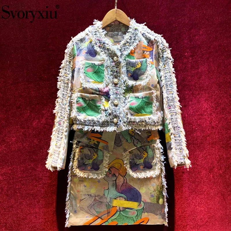 

Svoryxiu 2020 Autumn Winter Fashion Designer Skirt Suit Women's Cartoons Print Splicing Tweed Coat + Mini Skirt 2 Piece Set