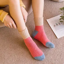 1 пара, зимние шерстяные женские носки, Ретро стиль, утолщенные, теплые, вязаные, пэчворк, Harajuku, носки, Осень-зима, женские короткие носки, calcetines