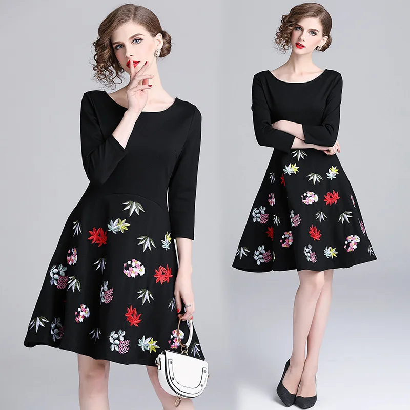 

Ozhouzhan WOMEN'S Dress 2018 New Style Fashion Elegant Embroidered Waist Hugging Mid-length A- line Dress