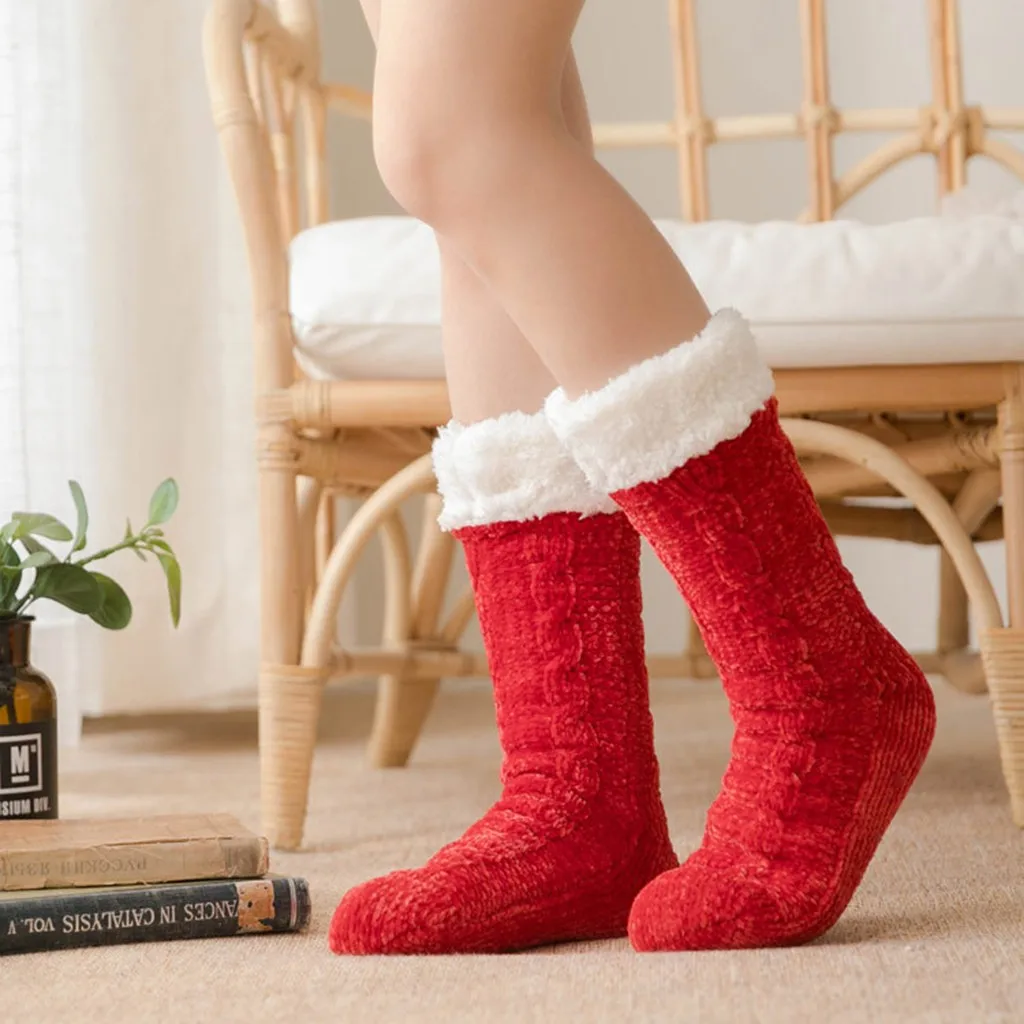 Рождественские носки, женские зимние хлопковые носки, одноцветные толстые нескользящие носки-тапочки, носки-тапочки, calcetines mujer новые носки# A10