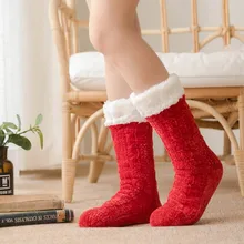 Рождественские носки, женские зимние хлопковые носки, одноцветные толстые нескользящие носки-тапочки, носки-тапочки, calcetines mujer новые носки# A10
