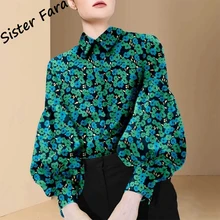 

Sister Fara Chic Printing Floral Shirt Spring Women's Loose Lantern Sleeve Blouses Autumn Ladies Single-breasted Casual Shirts