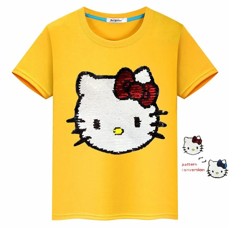 Летние футболки для девочек с принтом «hello kitty»; хлопковая Детская футболка с Микки Маусом и блестками; двухсторонние футболки для мальчиков-подростков; детская одежда; От 4 до 13 лет
