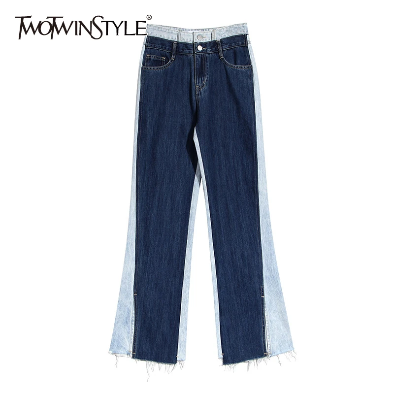 TWOTWINSTYLE Elegant Patchwork Women Full Length Pants High Waist Hit Color Side Split Wide Leg Pant Female Fashion Clothes Tide TWOTWINSTYLE Elegant Patchwork Women Full Length Pants High Waist Hit Color Side Split Wide Leg Pant Female Fashion Clothes Tide