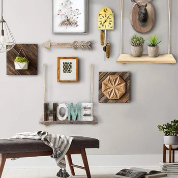 

Behogar Rustic Wall Hanging Shelf Boho Wood Rope Floating Shelves Storage Display Rack Indoor Plant Hanger for Home Decors