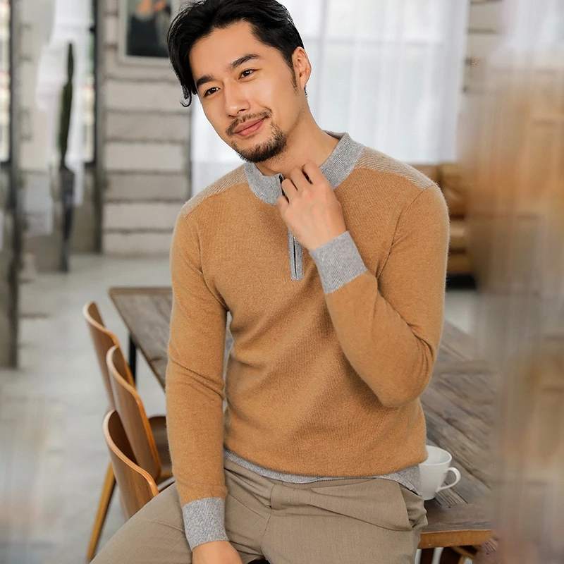 90% OFF LHZSYY 2020Autumn Winter New Half Collar Men's Pure Wool Sweater Fashion Stitching Knit Thick Pullover Warm Cashmere Base Shirt