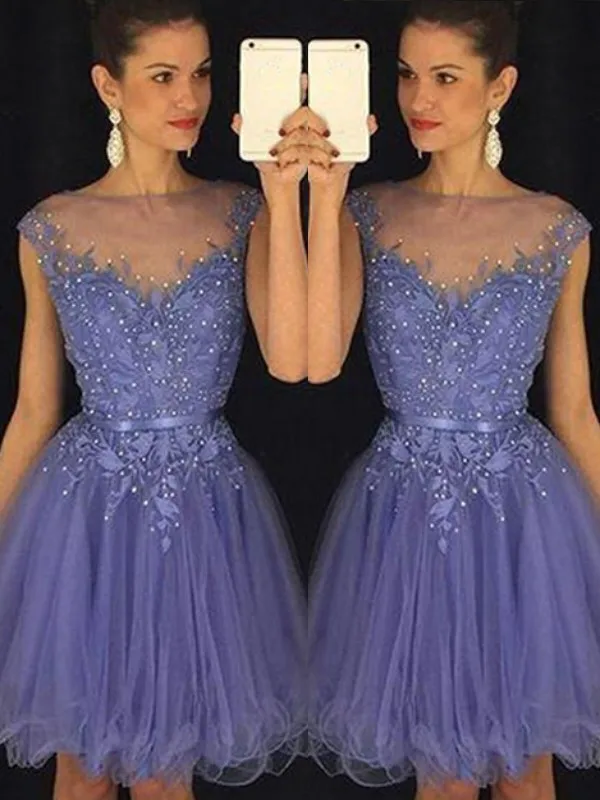 

Homecoming Dress A-Line/Princess Sleeveless Scoop Applique Tulle Short/Mini Dresses for Dress