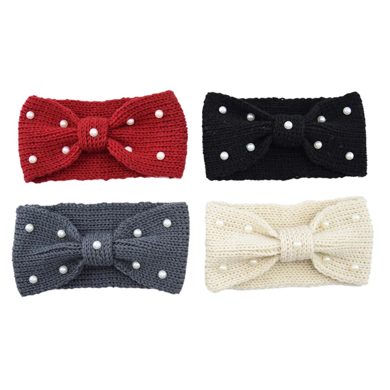 

2019 Winter Warmer Ear Knitted Headband Turban For Lady Women Crochet Bow Pearl Stretch Solid Hairband Headwrap Hair Accessories