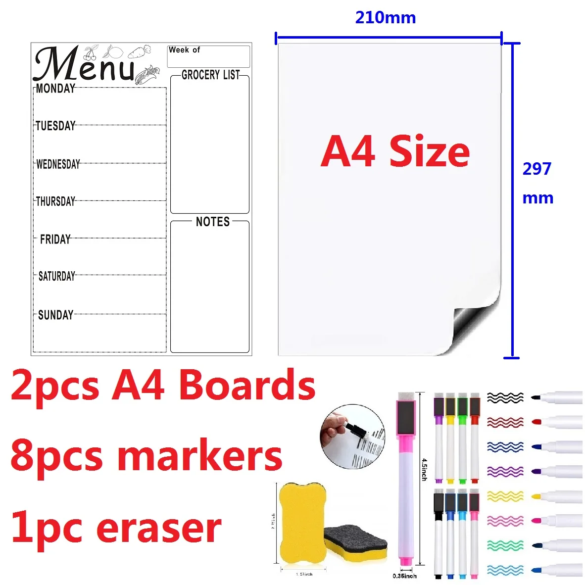 2pcs A4 Magnetic Dry-Erase Board for Fridge White Board Stickers