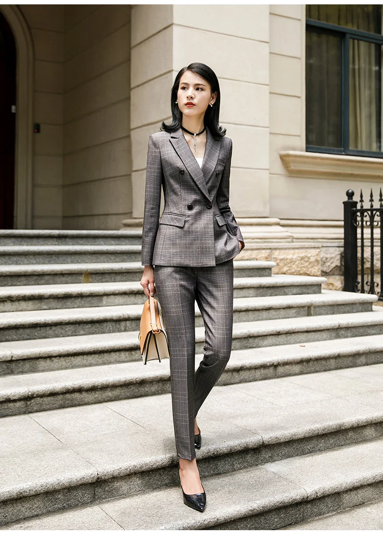 Серый коричневый клетчатый женский элегантный женский костюм с юбкой костюм платье костюмы офисная одежда Блузка юбка и жакет комплект из 2 предметов - Цвет: Brown Pants Set