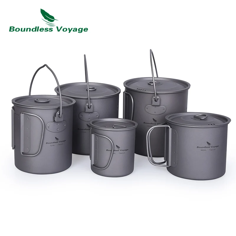 Boundess Voyage Titanium Cup Camping Hanging Pot with Folding Handle and Lid Outdoor Pot Picnic Cookware Tea Coffee Water Mug
