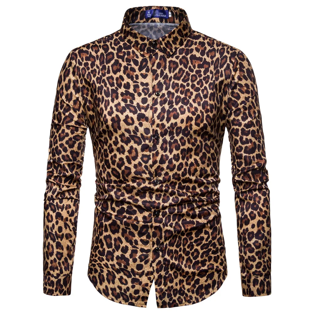 Осень-зима, мужская блуза, рубашки, Повседневная, облегающая, Леопардовый принт, с длинным рукавом, уличная одежда, мужские рубашки, одежда