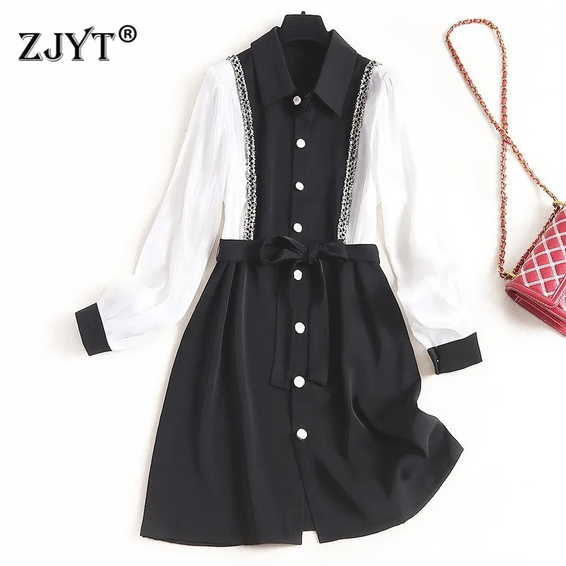 

2020 New Arrival Spring Dress Women's Fashion Designer Long Sleeve Turn Down Collar White Black Color Block Casual Dresses