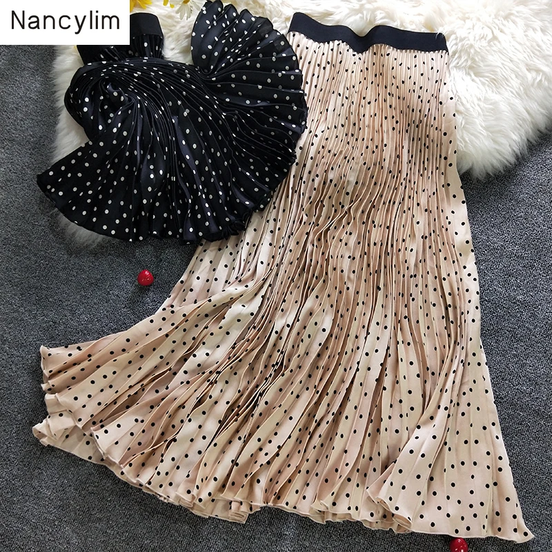 Летняя и осенняя Женская винтажная плиссированная юбка с волнистой юбкой из атласной ткани с эластичной резинкой на талии, плиссированная длинная юбка, весенние макси юбки Nancylim