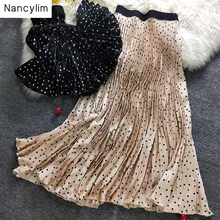 Летняя и осенняя Женская винтажная плиссированная юбка с волнистой юбкой из атласной ткани с эластичной резинкой на талии, плиссированная длинная юбка, весенние макси юбки Nancylim