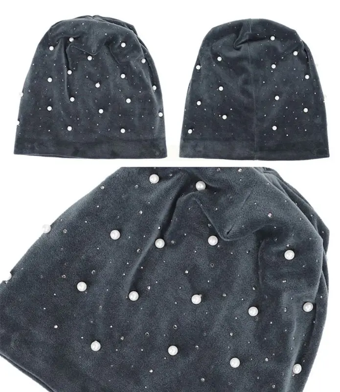 Для женщин Skullies зимняя бархатная шапка бини мягкие теплые блестящие жемчуг стразы шапки