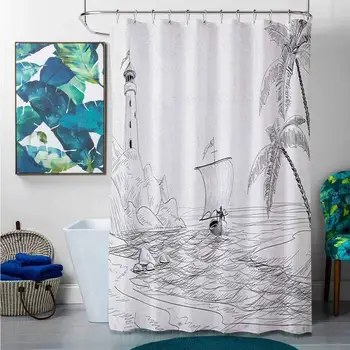 

shower curtains black and white stripes with roses Beach,Seascape Sketch with Boat Palm Tree and Lighthouse Coastal Hand Drawn