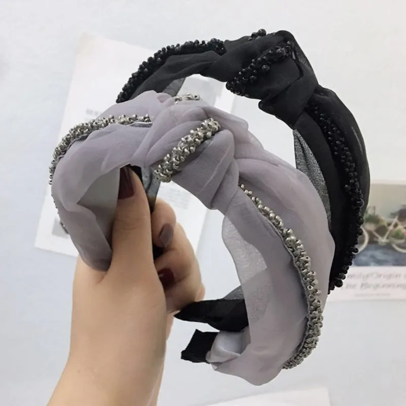 New Net Hair Yarn Hair Band Single Row Bowknot Millet Beaded Simple Card Headband Headband Hair Accessories