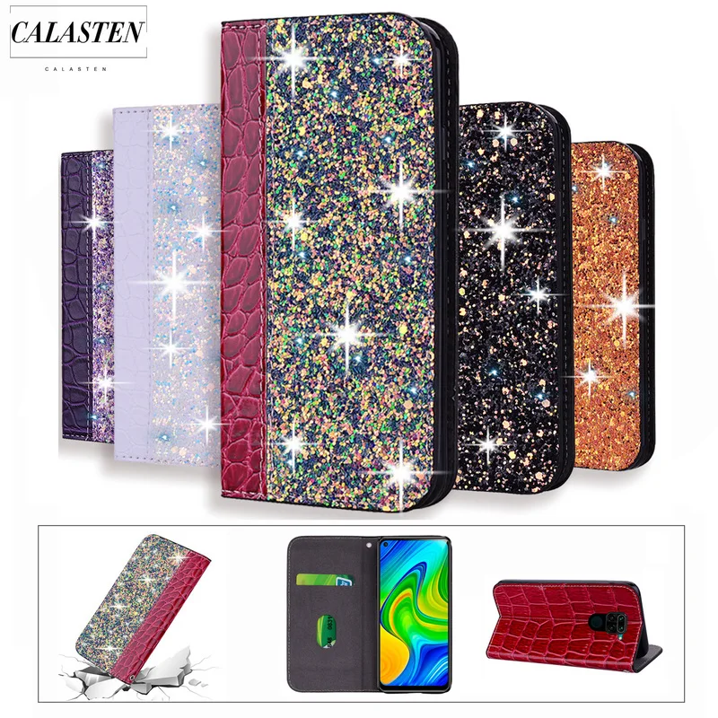 

Leather Case For MI A3 8lite 9 5X A1 9 7A 6A K20 pro K30 Flip Wallet Bling Glitter Pattern Redmi Note 9 pro 8t 7 6 5A Coque Bag
