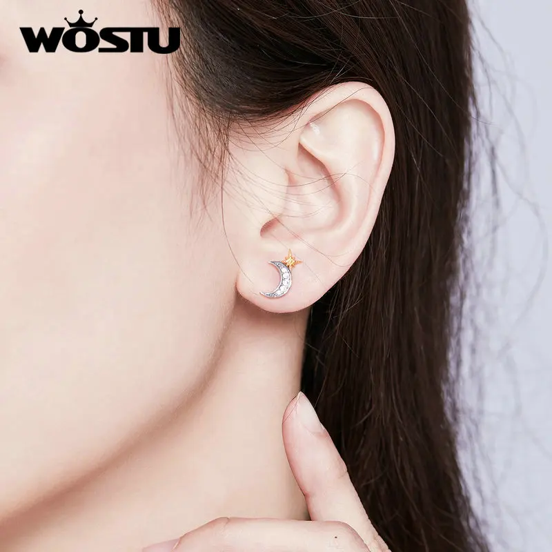WOSTU, настоящее 925 пробы, серебряные, лунные, золотые серьги-гвоздики "Звёзды" для женщин, свадебные, циркониевые, маленькие серьги, ювелирные изделия для помолвки CQE729