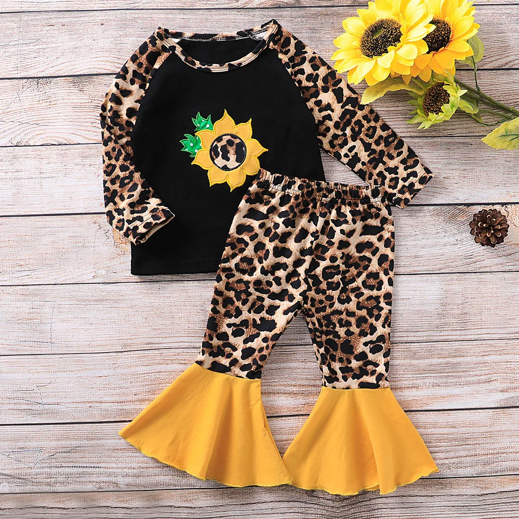 Летняя коллекция года, комплект одежды для маленьких девочек, футболка с длинными рукавами и рисунком подсолнуха для маленьких девочек топы+ леопардовые расклешенные штаны, одежда Ropa Nina