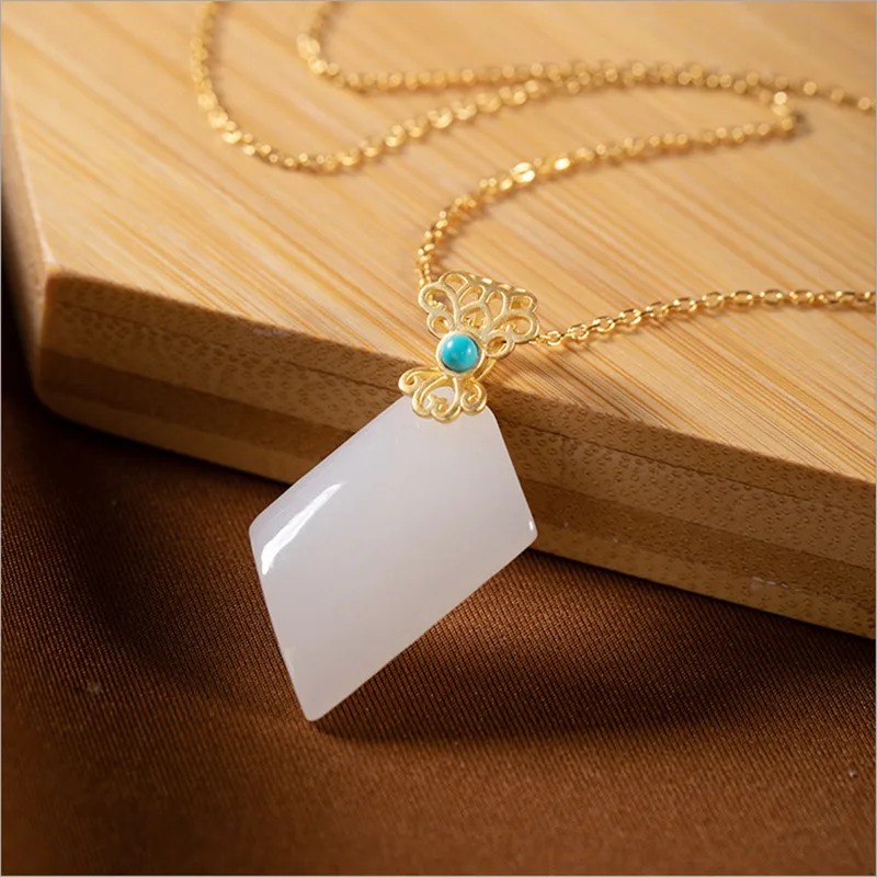 Uglyless Irregular Geometric Square Necklaces for Women Natural jade Agate Pendants+ Chain 925 Silver Jewelry Gold Bijoux P1081
