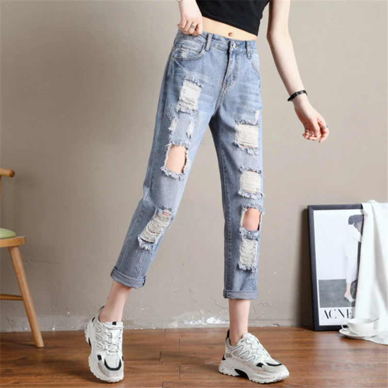 Джинсы Mujer осень мода отверстие девять точек Свободные Высокая талия тонкие джинсы мама женские синие молнии женские шаровары