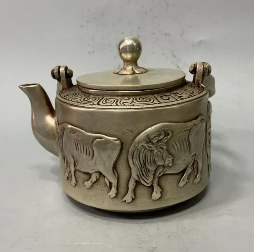 

China White copper five cow teapot crafts statue