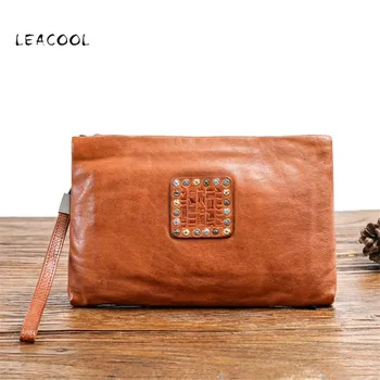 

LEACOOL Real Genuine Leather Clutch Bag For Men Vintage Cowhide Luxury Male Large Capacity Long Wallet Purse Zipper Phone Bags