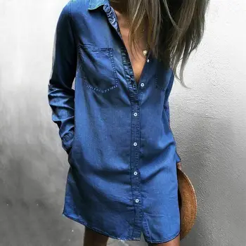 

Women Blue Jeans Solid Denim T-Shirt Long Sleeve Casual Loose Shirt Pocket Sexy Dress Striped Short Dress Fashion