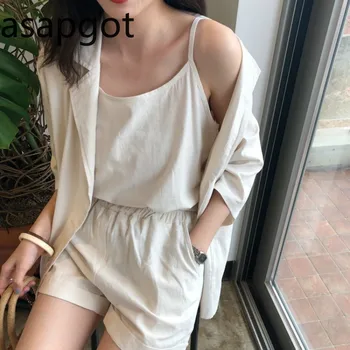 

Korean Summer Sleeveless Camisole + Thin Suit Jacket Small Suit + Elastic Waist Wide Leg Shorts 2 Pieces Set Short and Blazer