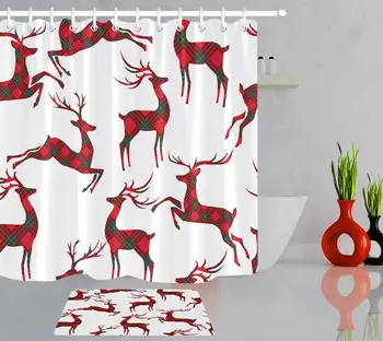

Red Plaid Texture Elk Christmas Decoration Shower Curtain Polyester Waterproof Bathroom Decor 12 Hook Accessory Sets and Doormat