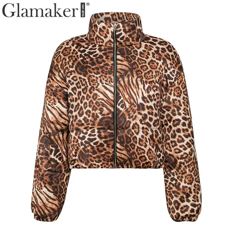 Glamaker, леопардовая зимняя женская куртка, Осеннее теплое короткое пальто с длинным рукавом, куртка, уличная одежда, базовое Сексуальное Женское модное шикарное пальто, Новинка - Цвет: Черный