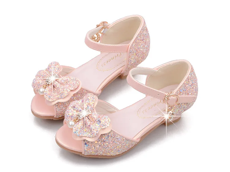 Детская блестящая обувь с бантиком для девочек; chaussures prinsessen schoenen; блестящие босоножки с бантиком; модельные туфли на высоком каблуке