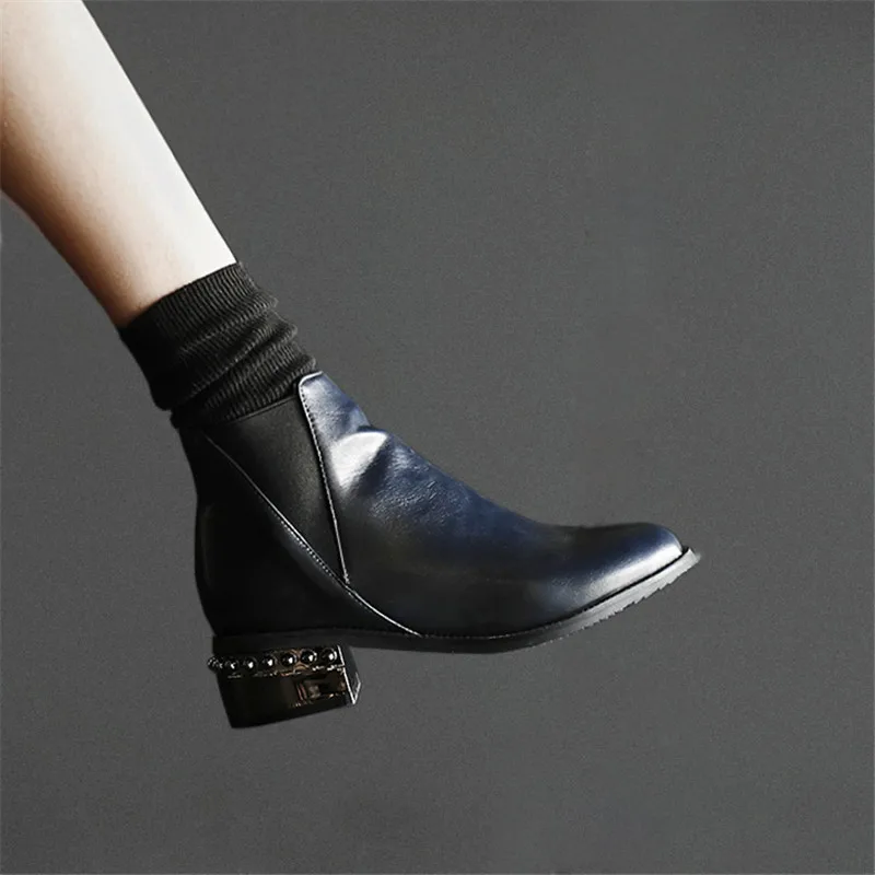 

2018 Autumn Block Heel Rivet Gothic Punk Shoes Blue Brown Pu Leather Chelsea Short Boots Plus Size 43 Womens Ankle Boot