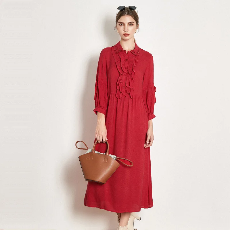 Rode echte zijde jurken vrouwen natuurlijke zijde 2019 hoge kwaliteit meisjes werk boho shirt jurk losse elegante plus size lange mouw