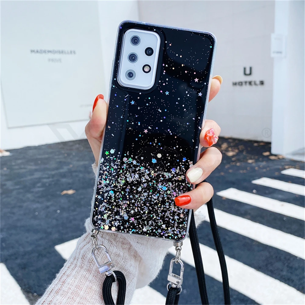 Crossbody Lanyard Strap Glitter Cell Phone Case with Silicone Cover