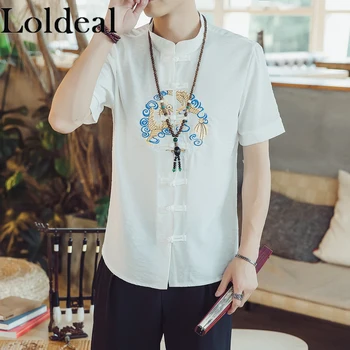 

Loldeal Chinese Style Short Sleeve Shirt Men's Slim Cotton and Linen Embroidery Stand Collar Casual