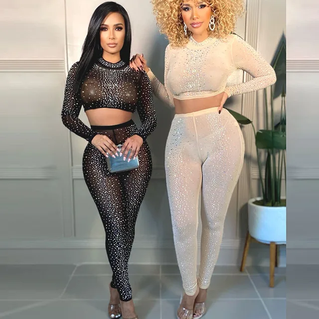 Party Perfection: Rhinestone Crop Top and Leggings Matching Set for Women   Freezy World Online Store