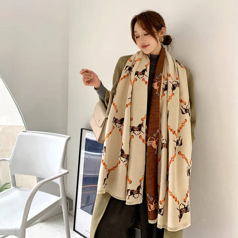 KOI LEAPING European and American style ladies fashion popular horse pattern printing cashmere shawl warm scarf best gift