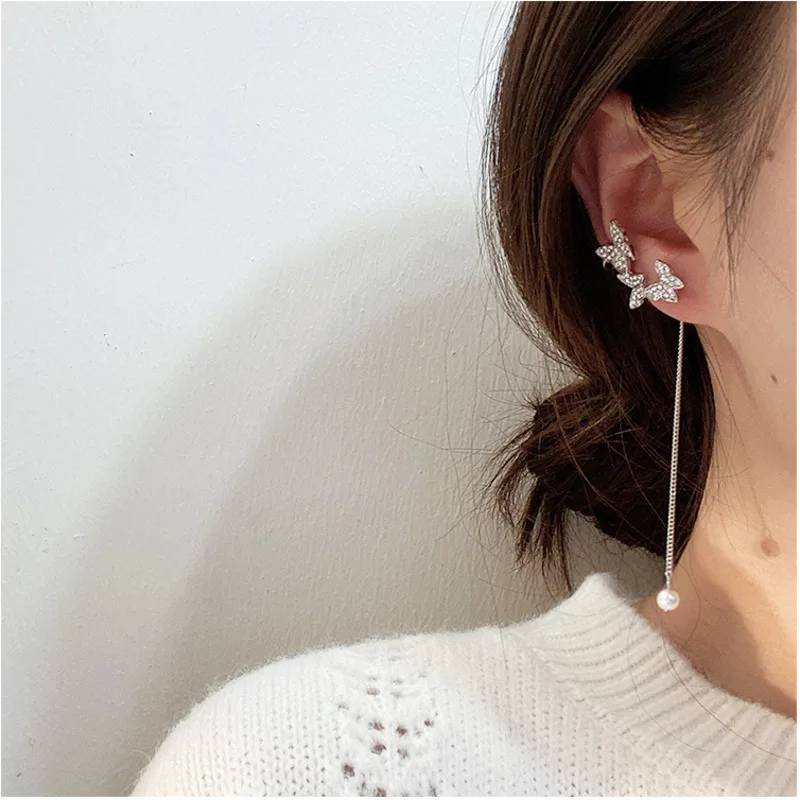 Korea Butterfly Wings Long Tassel Earrings For Women Jewelry Imitation Prevent allergy Crystal Asymmetric Statement Drop Earring