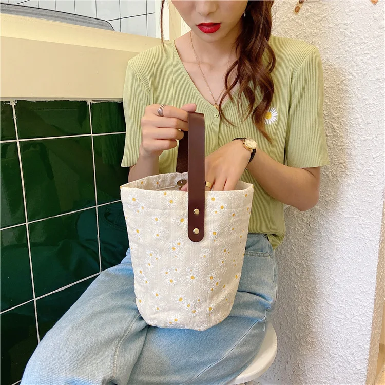 Weysfor New Women Canvas Shoulder Bags Embossed Daisy Floral Handbag Casual Tote Literary Books Bag Shopping Bag For Girls
