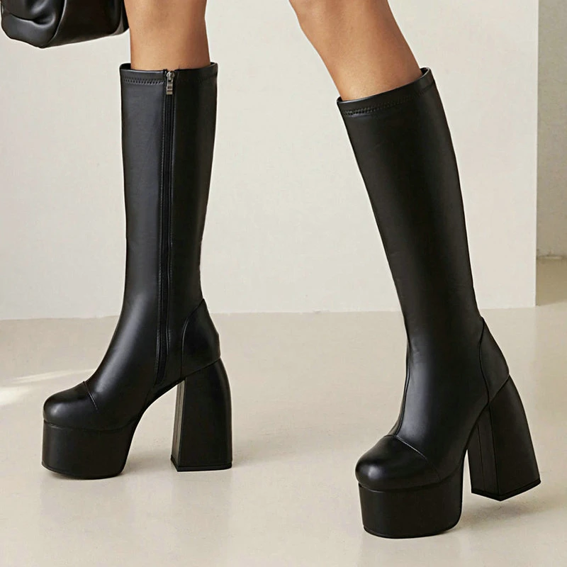 

Hot Selling Black Thick Soled Women Boots Round Toe Thick Heel Knee High Ladies Motorcycle Boots Side Zipper Winter Women Shoes