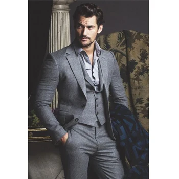 Ceny Szara Odzież Dla Pana Młodego Drużba Nosić Tweed Smokingi Suknia ślubna Suknie Balowe Garnitur костюм для жениха 3 Sztuka (kurtka + Spodnie + Kamizelka)