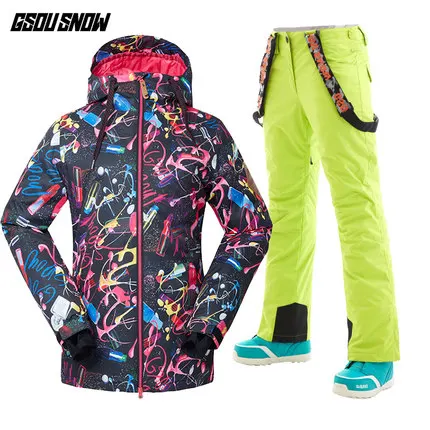 Color 12 GSOU Снежный водонепроницаемый лыжный костюм Женская лыжная куртка брюки Новая женская зимняя уличная лыжная куртка для сноуборда брюки сноуборд наборы - Цвет: Color 12