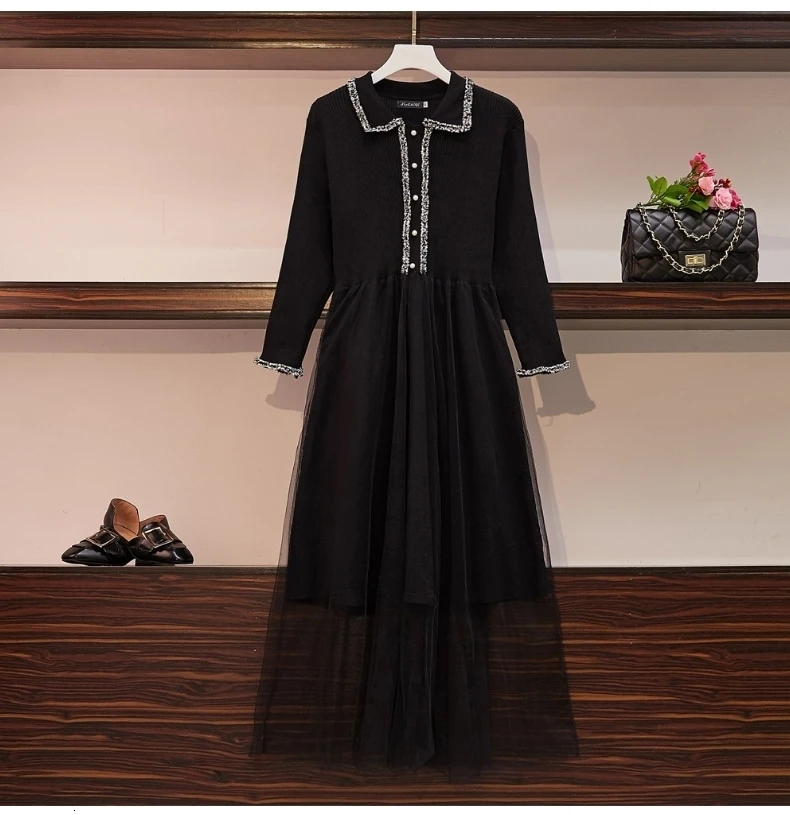 Женское трикотажное длинное платье размера плюс, осень, модное платье в стиле Питера Пэна с воротником и длинным рукавом, в стиле пэчворк, Сетчатое плиссированное платье А-силуэта