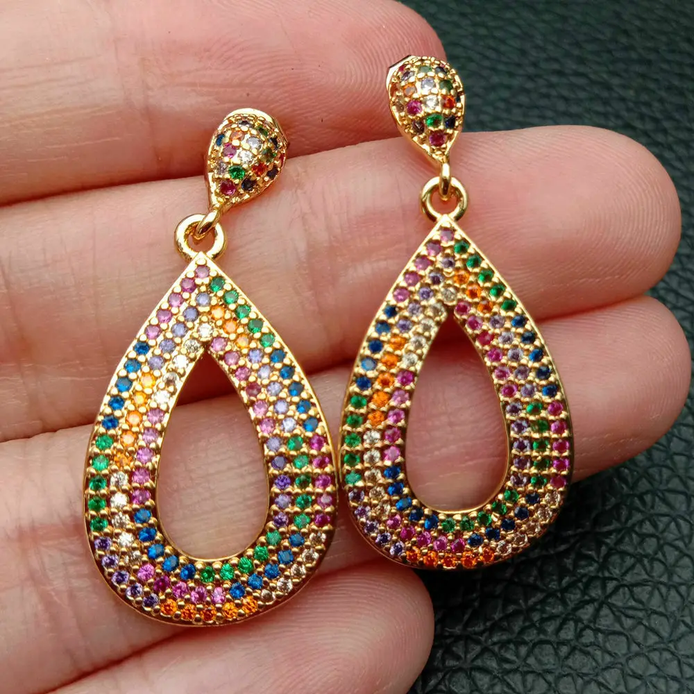 

multi color cubic zirconia pave Golden filled teardrop loop Drop Earrings