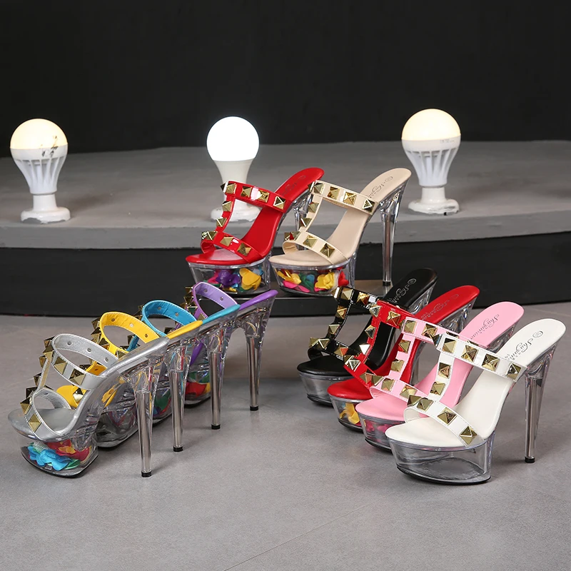 Model Sexy Rivet Transparent Crystal Nightclub Show 13 CM Super High Heel Slippers Flowers Striptease Clear Slides Women's Shoes